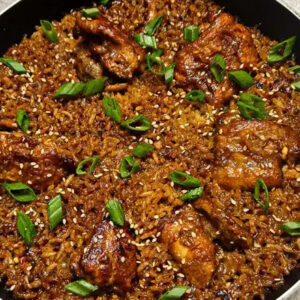 Braised Rice with Fried Chicken, Fish, Tomato Gravy and Coleslaw
