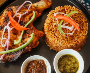 Jollof with Charcoal Grilled Chicken and Salad