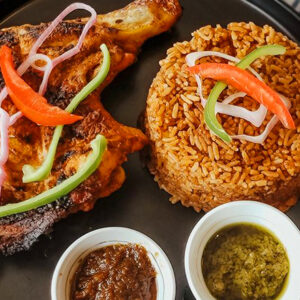 Jollof with Charcoal Grilled Chicken and Salad