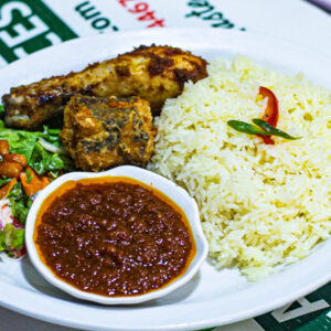Plain Rice with Chicken, Fish, Tomato Gravy and Coleslaw