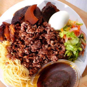 Waakye (Gari, Sphagetti, Wele, Egg, Fish, Shito, Tomato Stew)